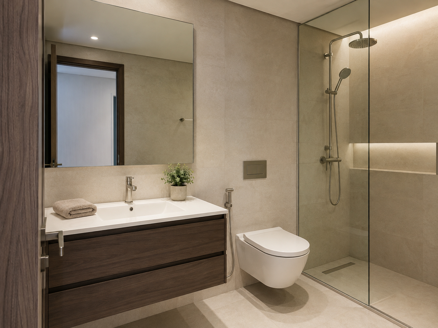 AI-generated version of the same bathroom with clean surfaces and controlled reflections