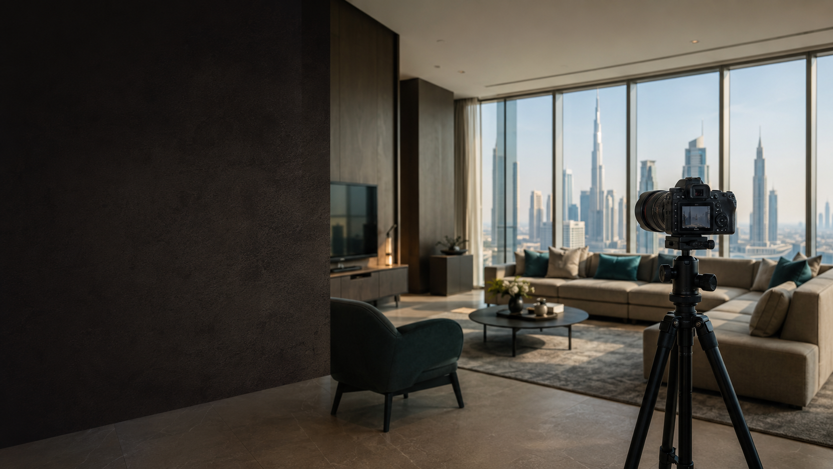 A professional camera prepared to photograph a modern Dubai apartment
