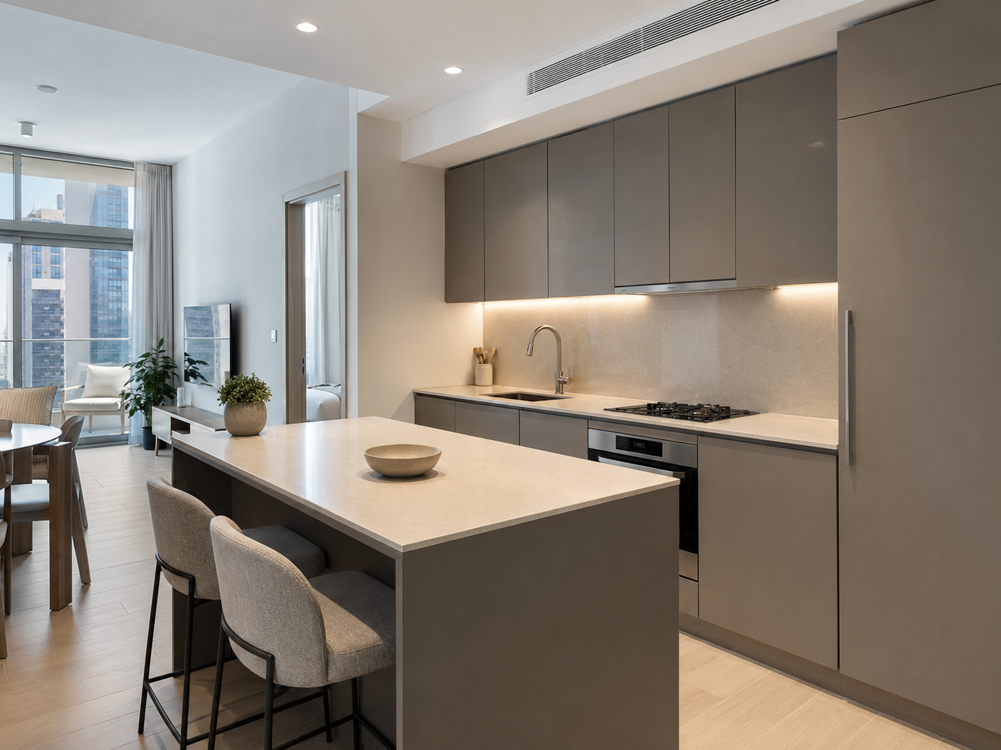 AI-generated version of the same kitchen with clear surfaces and controlled lighting