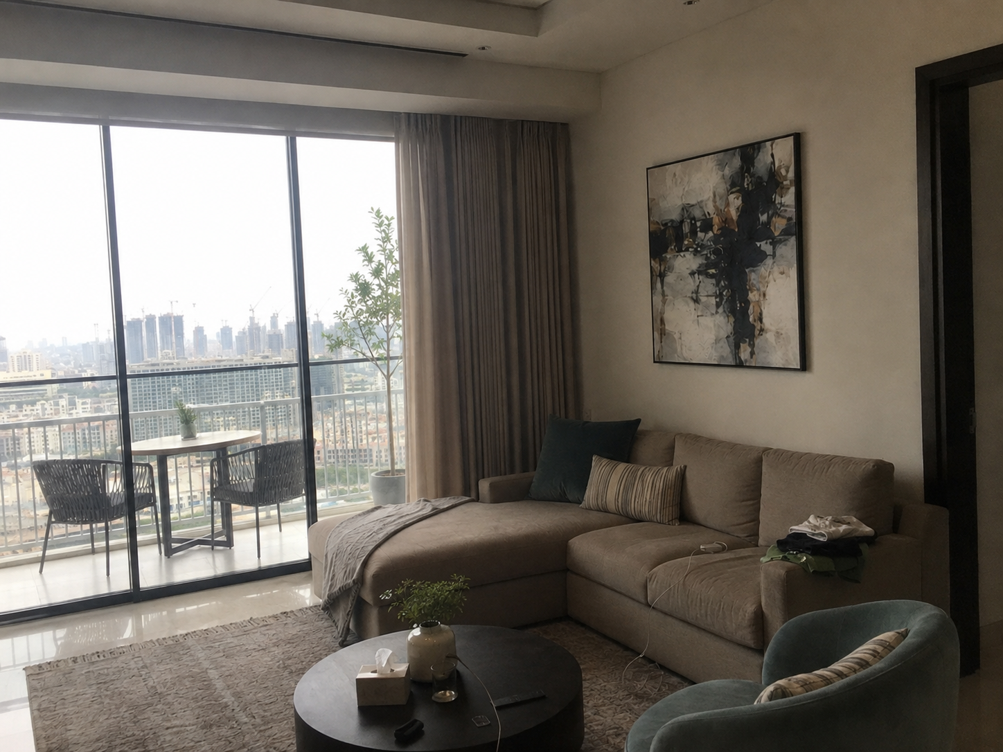 AI-generated living room photographed with poor exposure, clutter and weak framing
